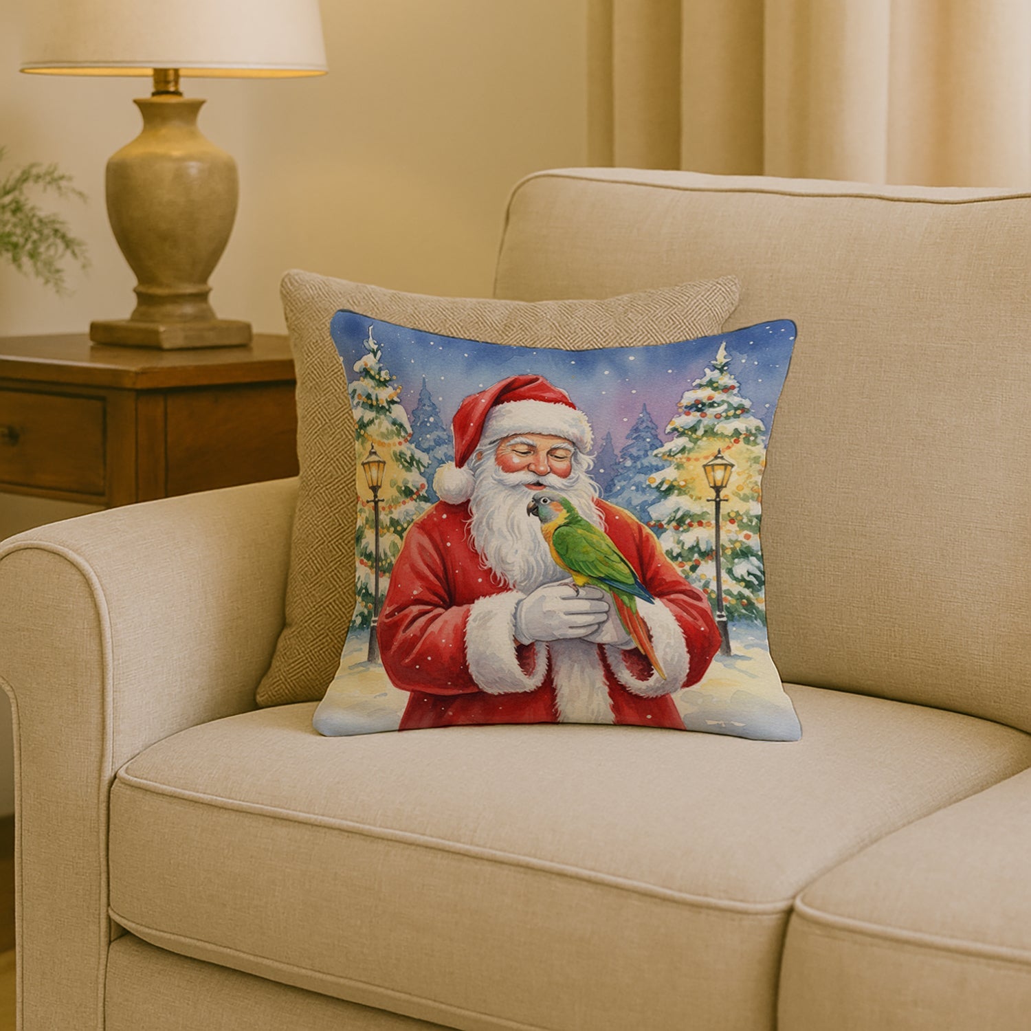Senegal Parrot with Santa Claus Decorative Throw Pillow 18x18 Indoor Outdoor Accent Cushion, Fabric Cover with Insert for Sofa, Bed, Porch & Living Room