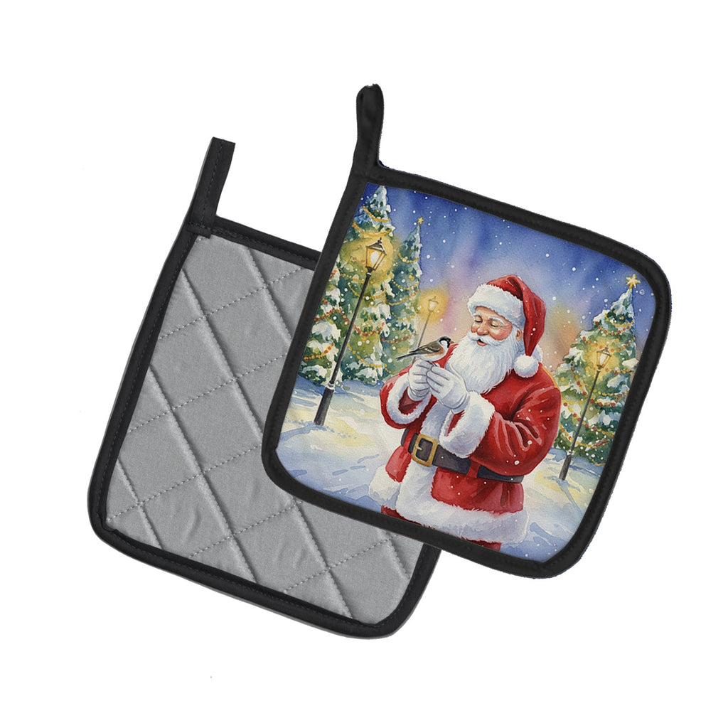 Society Finch with Santa Claus Pot Holder Set of 2 Heat Resistant Quilted Hot Pads 7.5 x 7.5 Inch, Insulated Kitchen Trivets for Cooking & Baking