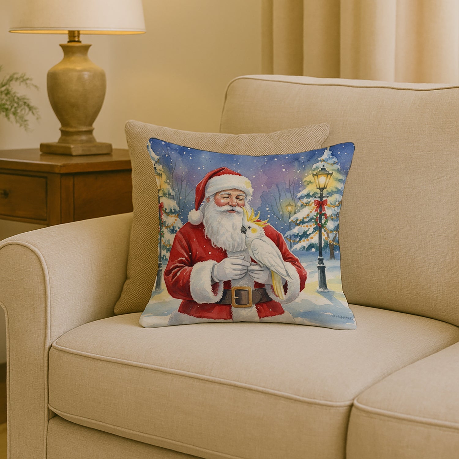 Sulphur Crested Cockatoo with Santa Claus Decorative Throw Pillow 18x18 Indoor Outdoor Accent Cushion, Fabric Cover with Insert for Sofa, Bed, Porch & Living Room