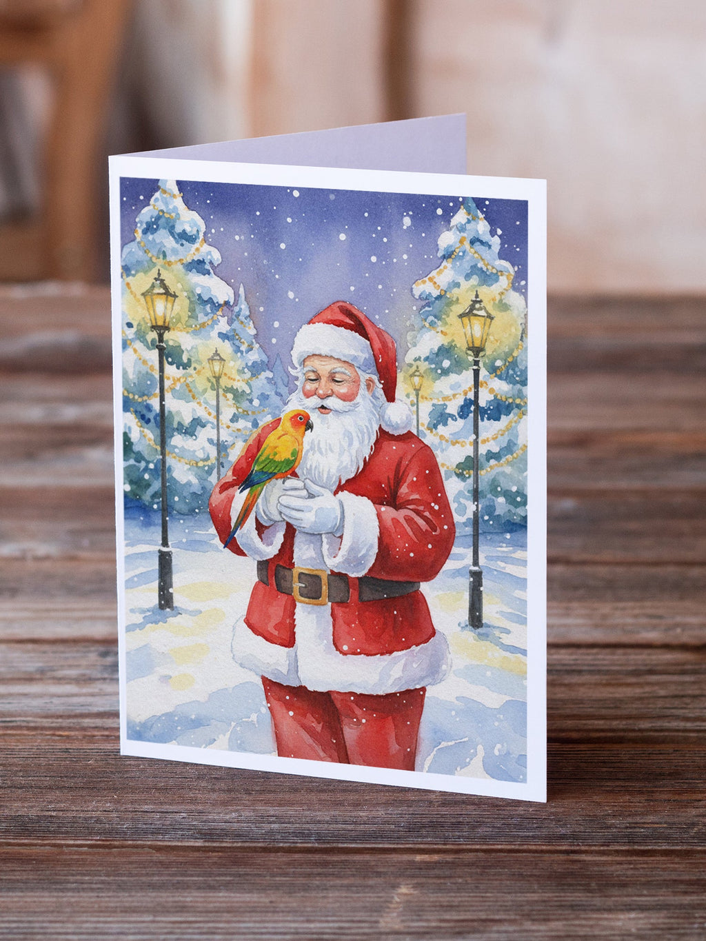 Sun Conure with Santa Claus Greeting Cards Pack of 8 Blank Cards with Envelopes Whimsical A7 Size 5x7