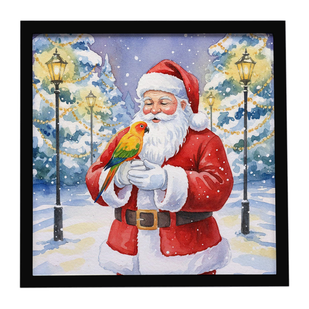 Sun Conure with Santa Claus Framed Metal Print Bathroom, Kitchen, Office, Home Decor Wall Art Ready to Hang, Square, 8X8