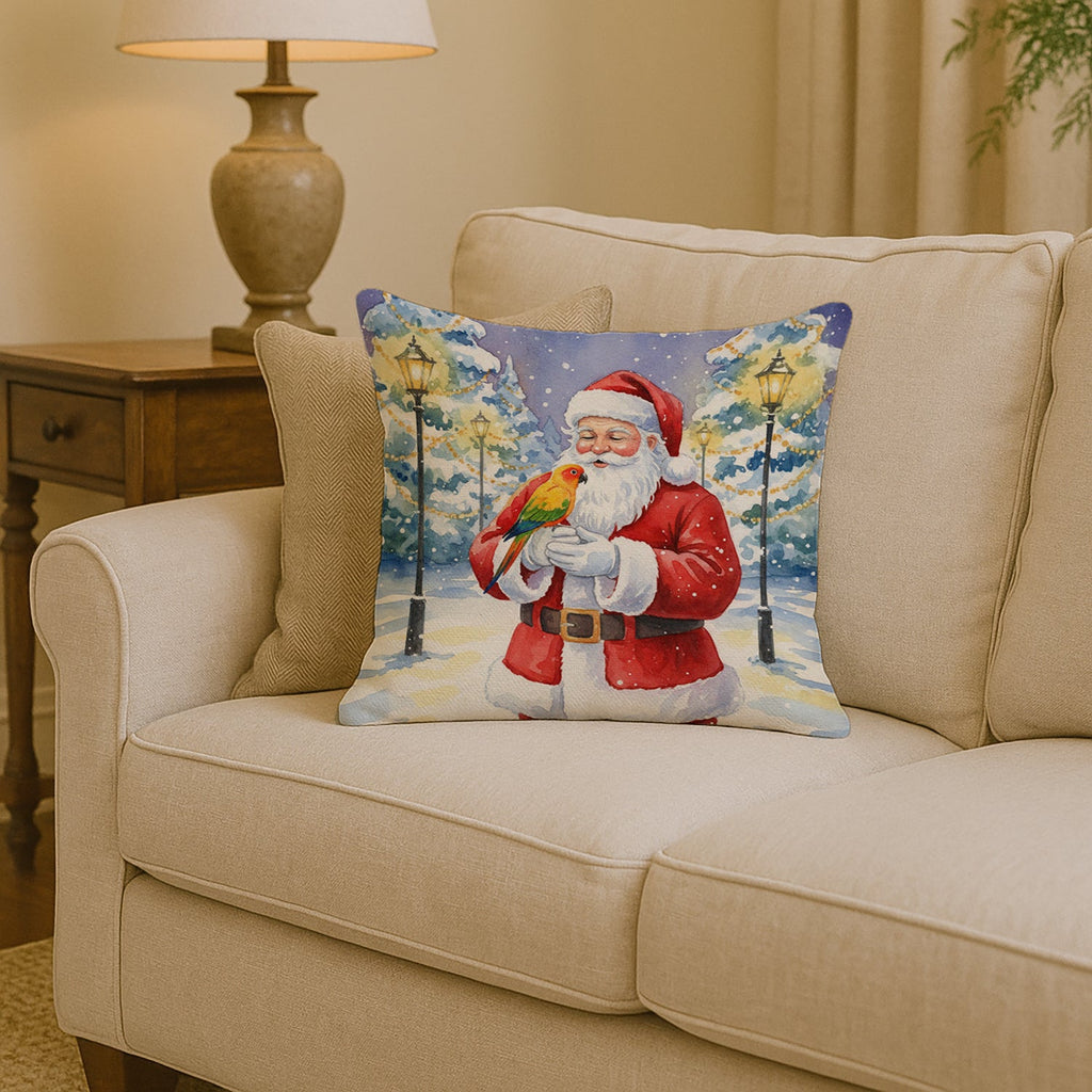 Sun Conure with Santa Claus Decorative Throw Pillow 14x14 Indoor Outdoor Accent Cushion, Fabric Cover with Insert for Sofa, Bed, Porch & Living Room