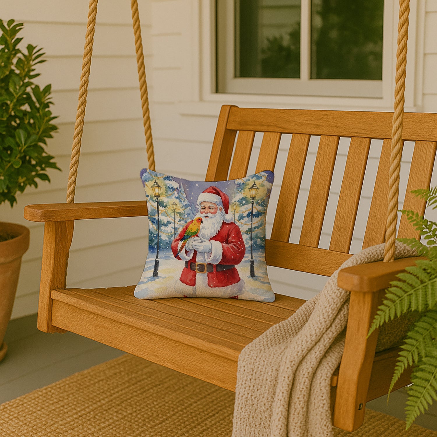 Sun Conure with Santa Claus Decorative Throw Pillow 14x14 Indoor Outdoor Accent Cushion, Fabric Cover with Insert for Sofa, Bed, Porch & Living Room
