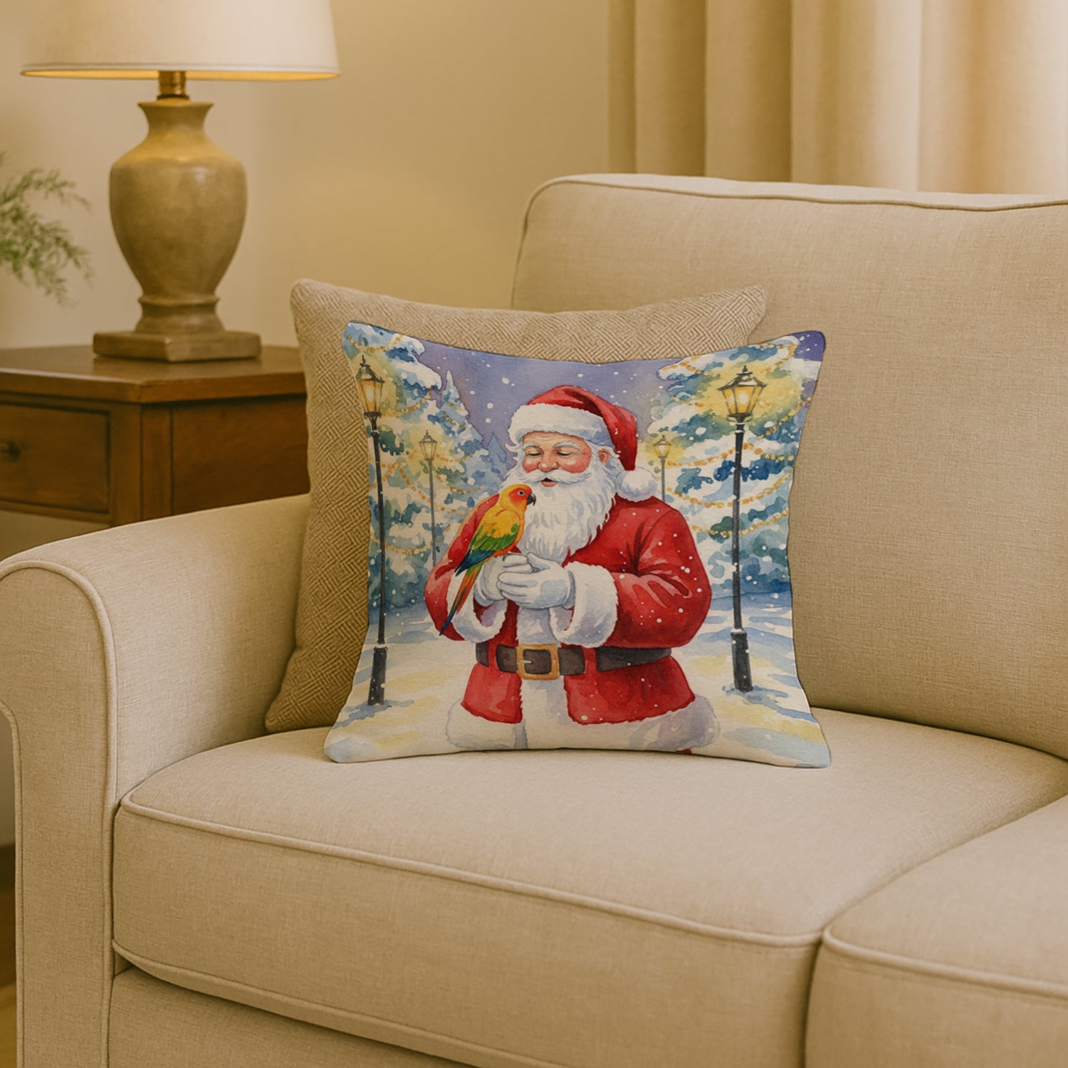 Sun Conure with Santa Claus Decorative Throw Pillow 18x18 Indoor Outdoor Accent Cushion, Fabric Cover with Insert for Sofa, Bed, Porch & Living Room