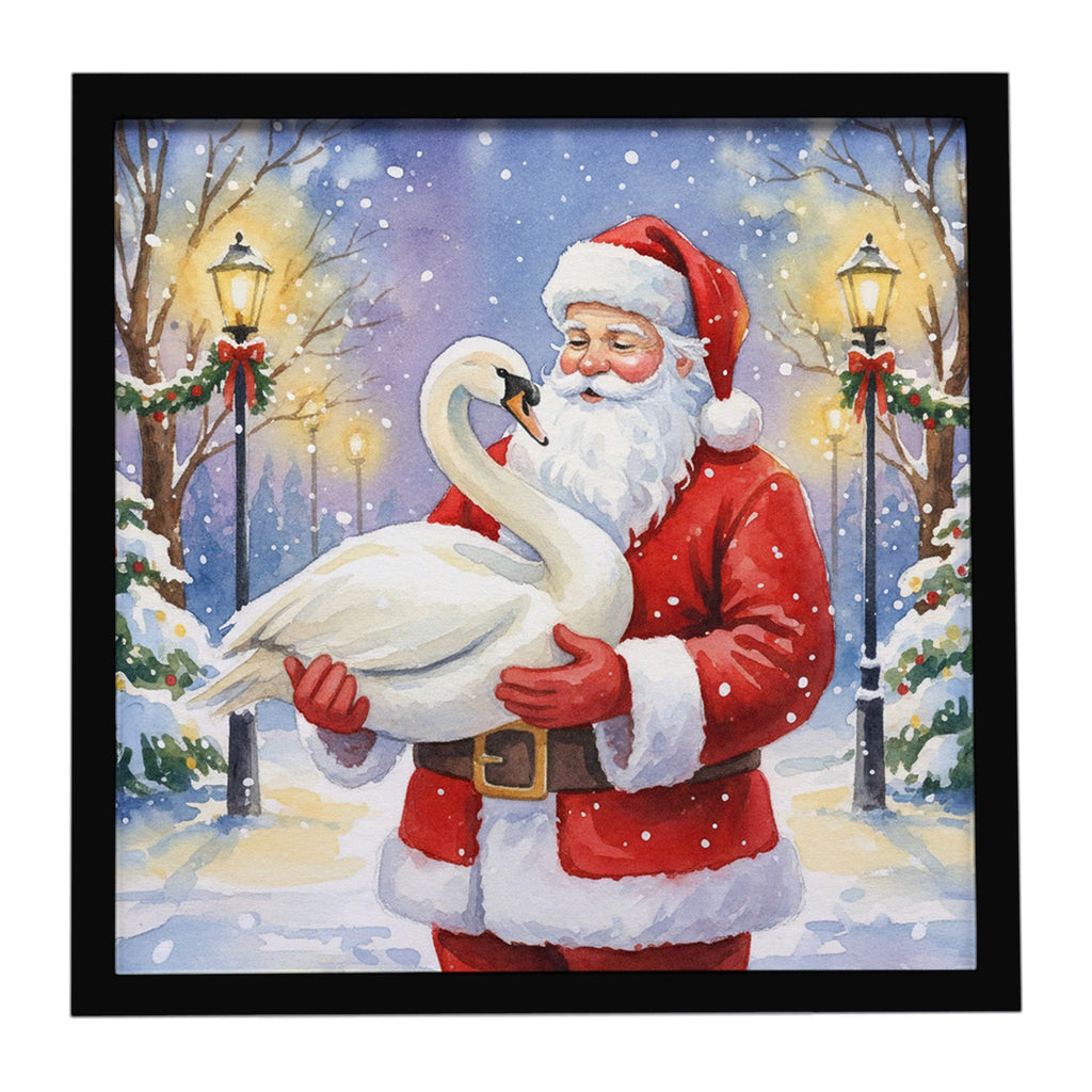 Swan with Santa Claus Framed Metal Print Bathroom, Kitchen, Office, Home Decor Wall Art Ready to Hang, Square, 8X8