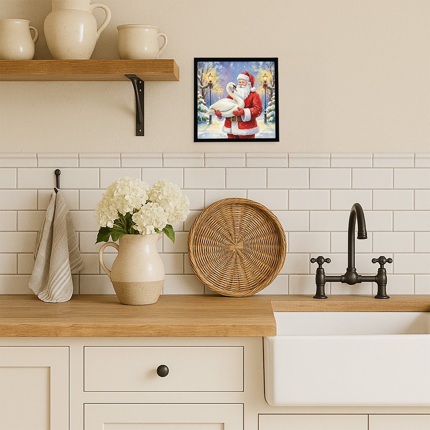Swan with Santa Claus Framed Metal Print Bathroom, Kitchen, Office, Home Decor Wall Art Ready to Hang, Square, 8X8