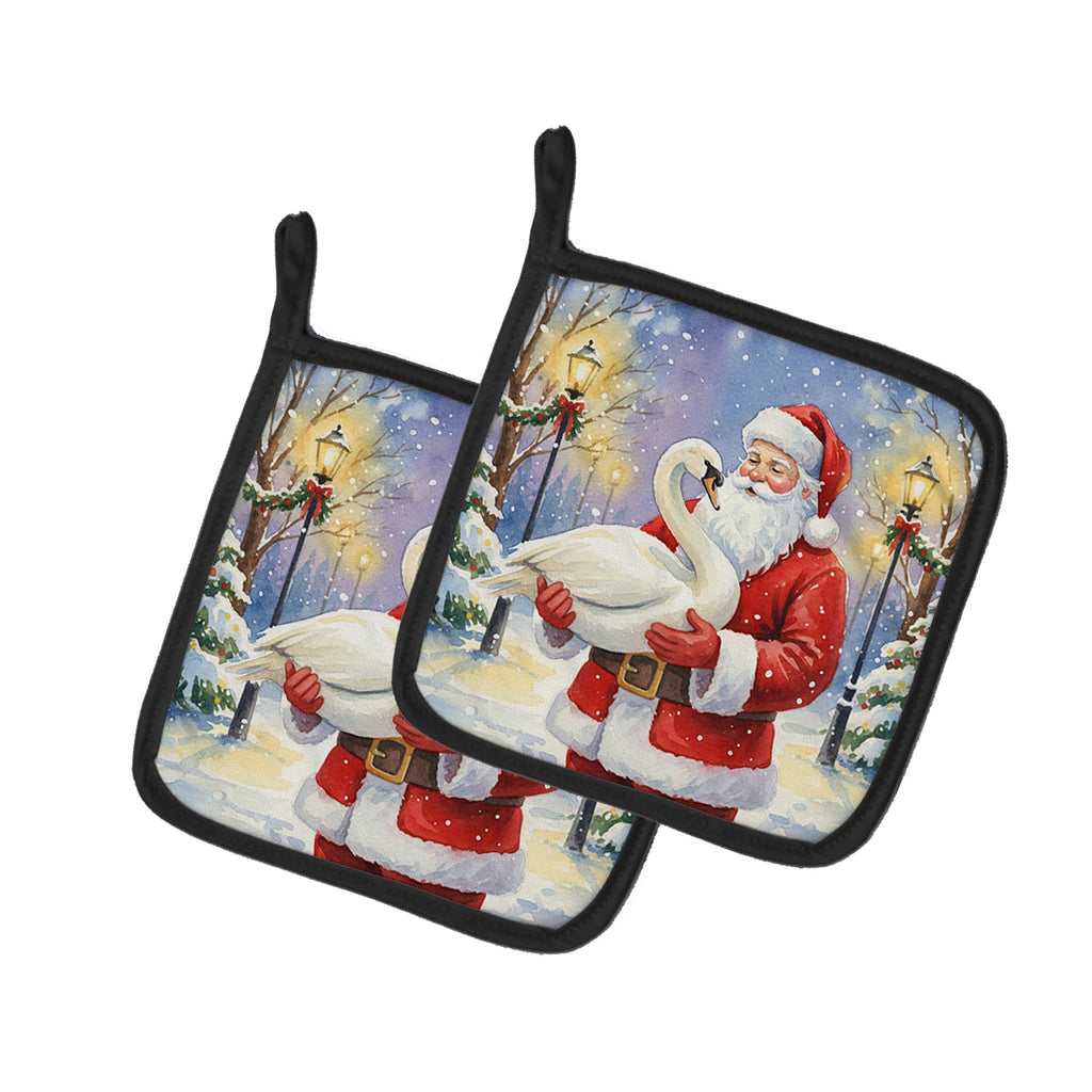 Swan with Santa Claus Pot Holder Set of 2 Heat Resistant Quilted Hot Pads 7.5 x 7.5 Inch, Insulated Kitchen Trivets for Cooking & Baking