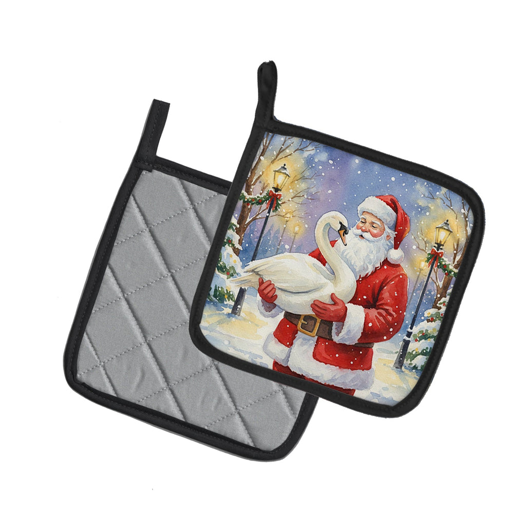 Swan with Santa Claus Pot Holder Set of 2 Heat Resistant Quilted Hot Pads 7.5 x 7.5 Inch, Insulated Kitchen Trivets for Cooking & Baking