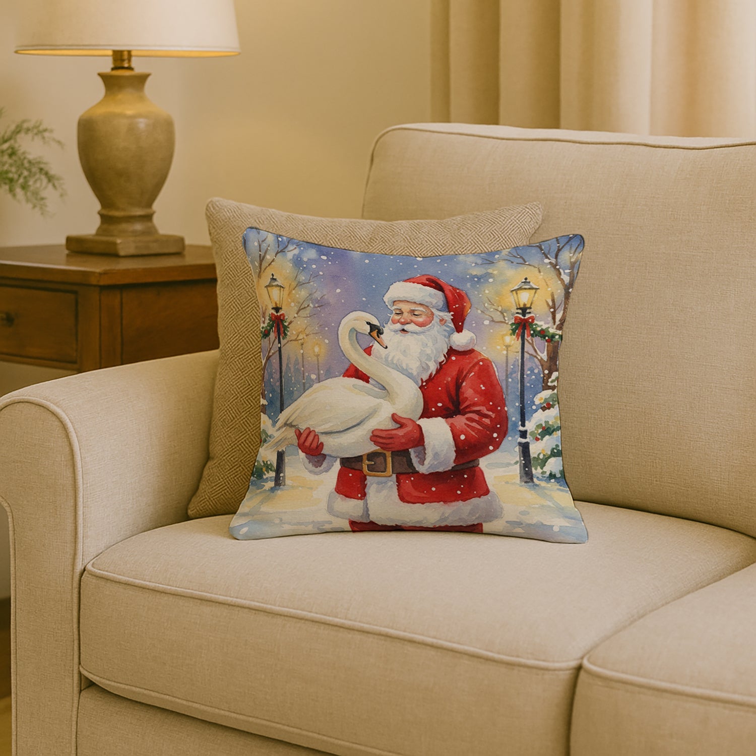 Swan with Santa Claus Decorative Throw Pillow 18x18 Indoor Outdoor Accent Cushion, Fabric Cover with Insert for Sofa, Bed, Porch & Living Room