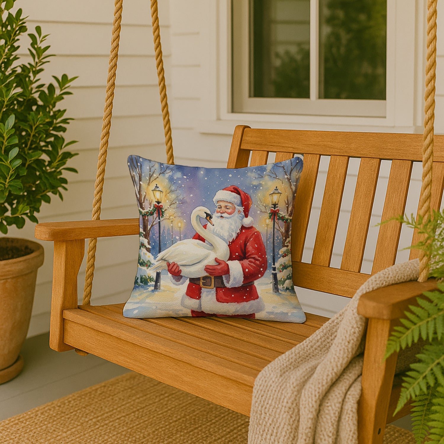 Swan with Santa Claus Decorative Throw Pillow 18x18 Indoor Outdoor Accent Cushion, Fabric Cover with Insert for Sofa, Bed, Porch & Living Room