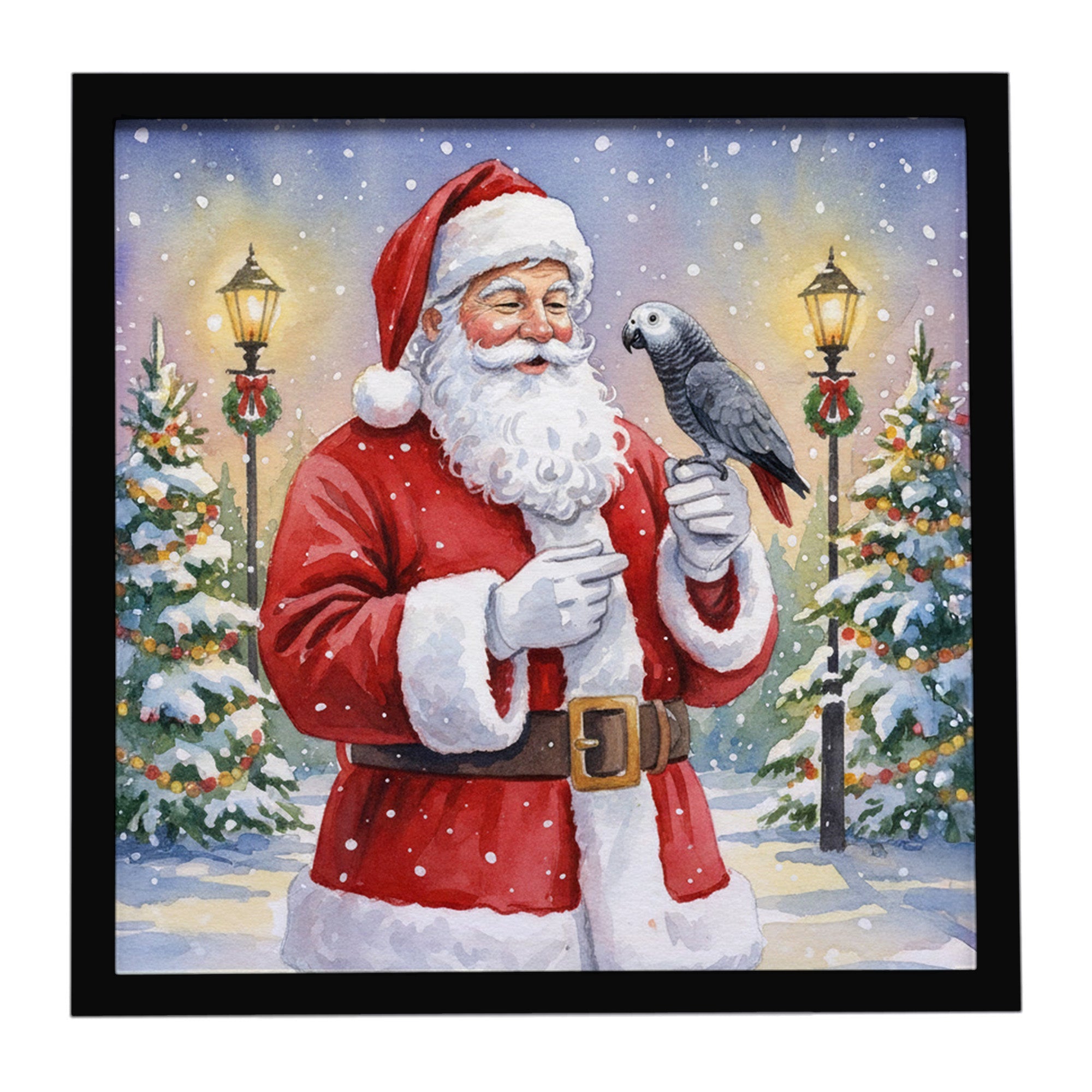 Timneh African Grey with Santa Claus Framed Metal Print Bathroom, Kitchen, Office, Home Decor Wall Art Ready to Hang, Square, 8X8