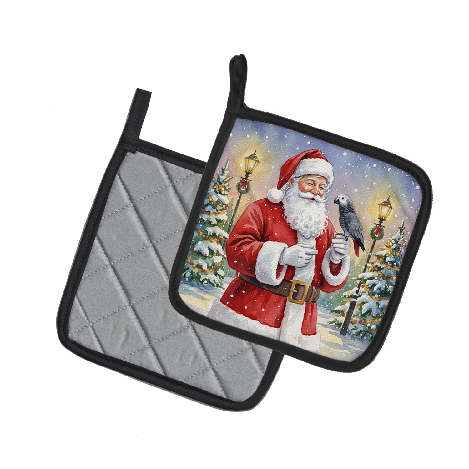 Timneh African Grey with Santa Claus Pot Holder Set of 2 Heat Resistant Quilted Hot Pads 7.5 x 7.5 Inch, Insulated Kitchen Trivets for Cooking & Baking