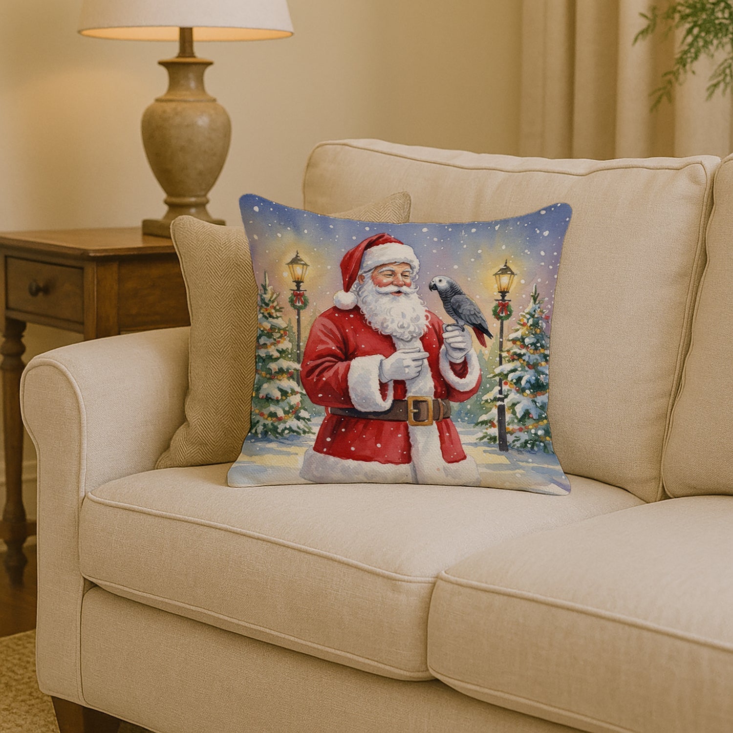 Timneh African Grey with Santa Claus Decorative Throw Pillow 14x14 Indoor Outdoor Accent Cushion, Fabric Cover with Insert for Sofa, Bed, Porch & Living Room