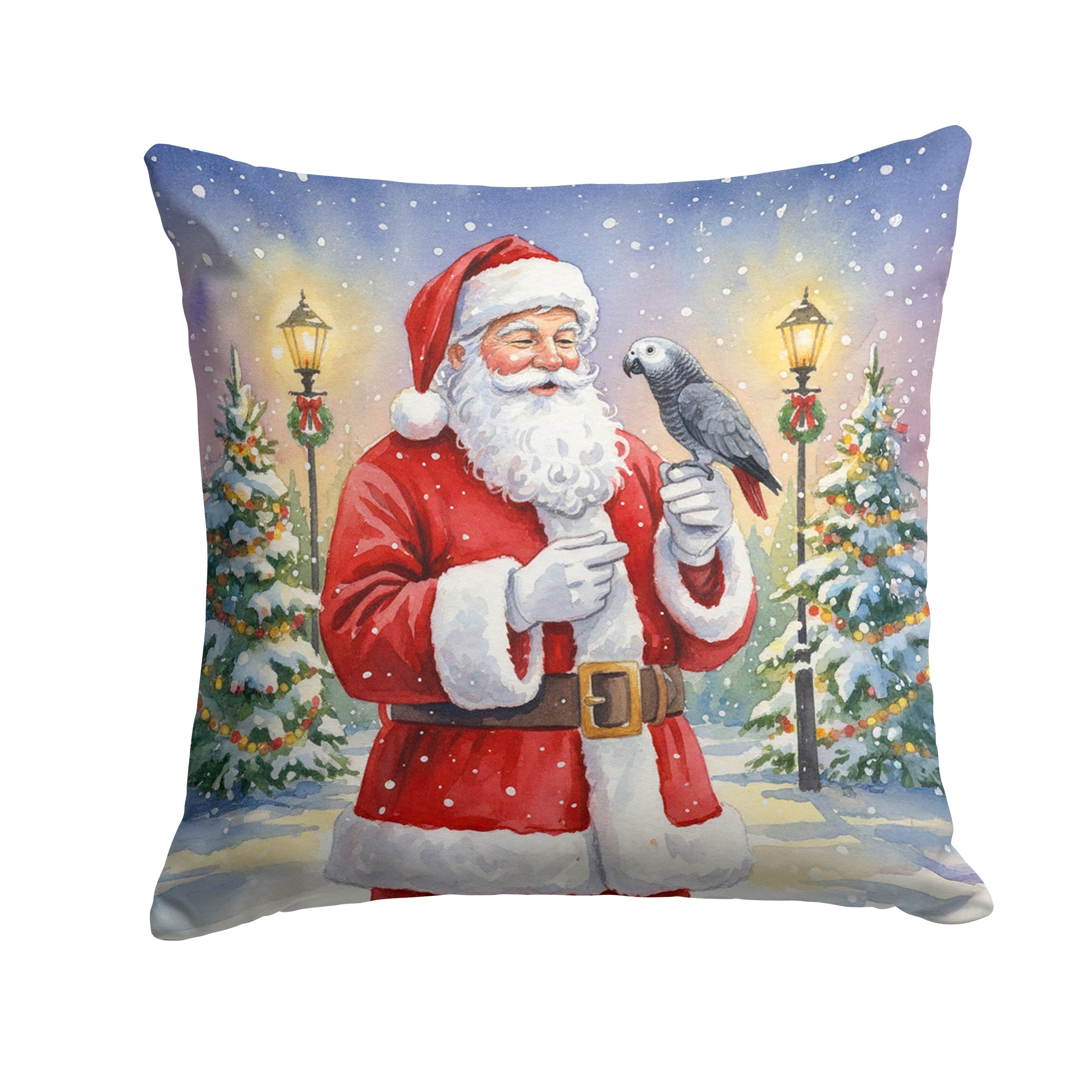 Timneh African Grey with Santa Claus Decorative Throw Pillow 18x18 Indoor Outdoor Accent Cushion, Fabric Cover with Insert for Sofa, Bed, Porch & Living Room