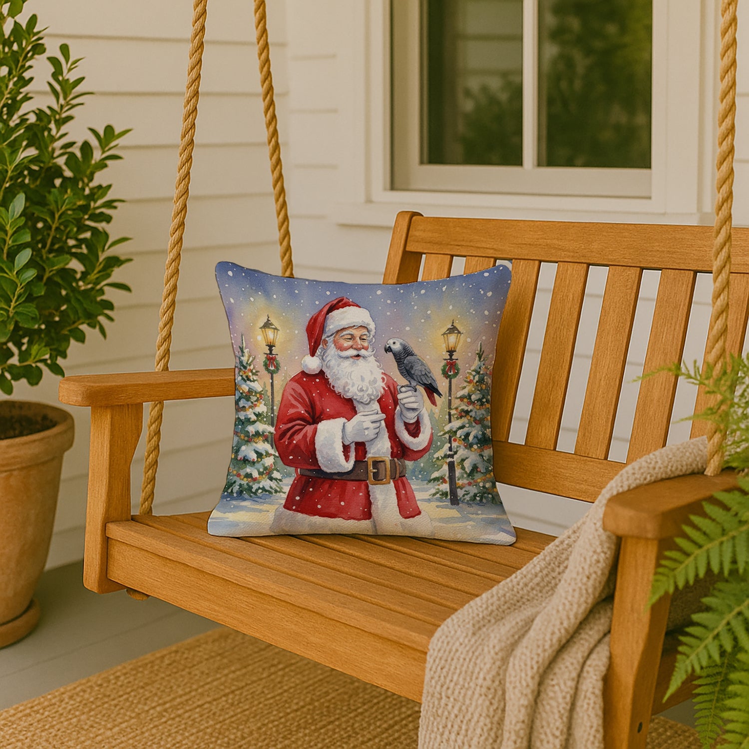 Timneh African Grey with Santa Claus Decorative Throw Pillow 18x18 Indoor Outdoor Accent Cushion, Fabric Cover with Insert for Sofa, Bed, Porch & Living Room