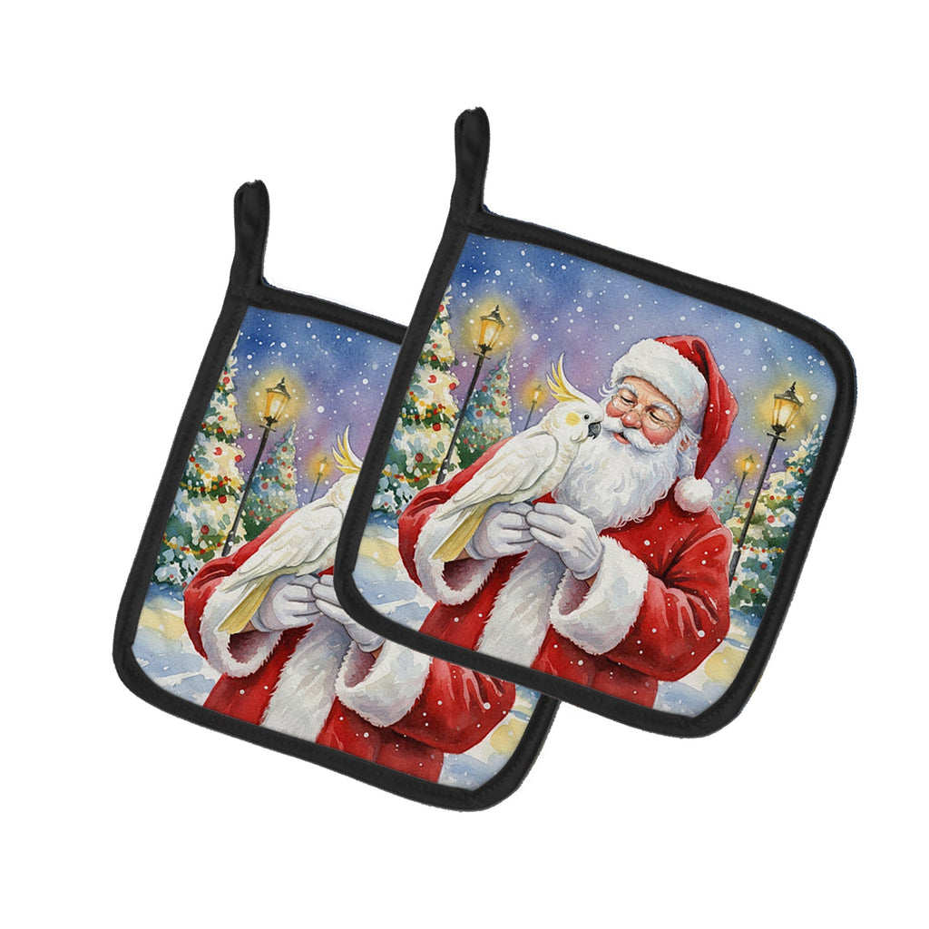 Umbrella Cockatoo with Santa Claus Pot Holder Set of 2 Heat Resistant Quilted Hot Pads 7.5 x 7.5 Inch, Insulated Kitchen Trivets for Cooking & Baking