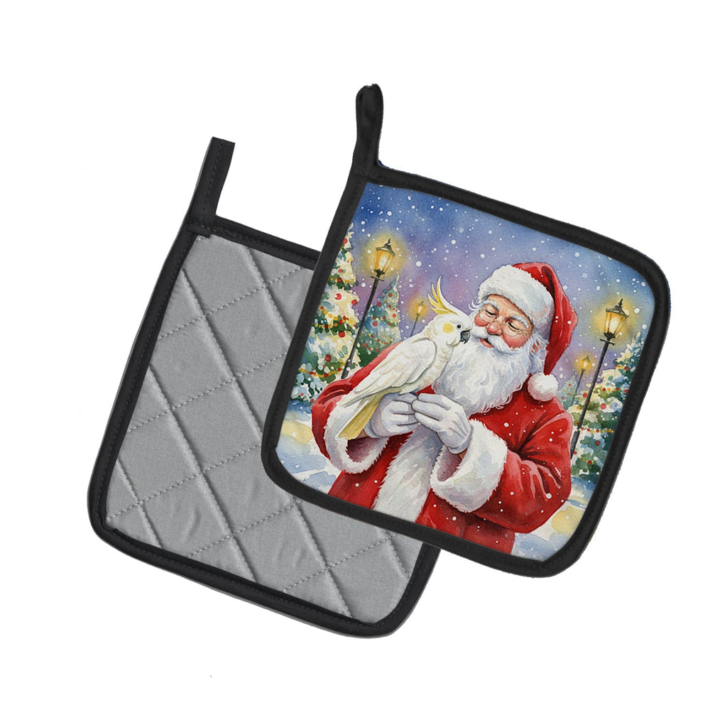 Umbrella Cockatoo with Santa Claus Pot Holder Set of 2 Heat Resistant Quilted Hot Pads 7.5 x 7.5 Inch, Insulated Kitchen Trivets for Cooking & Baking