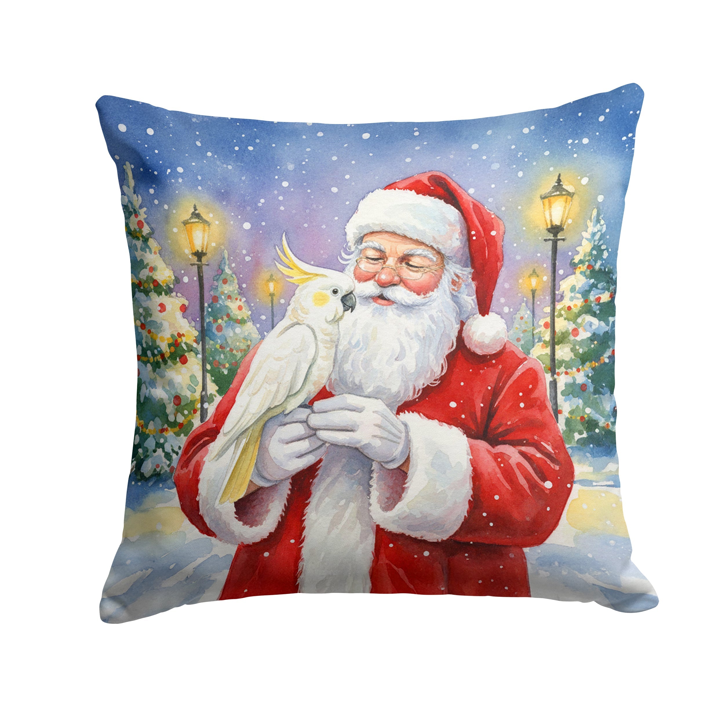 Umbrella Cockatoo with Santa Claus Decorative Throw Pillow 14x14 Indoor Outdoor Accent Cushion, Fabric Cover with Insert for Sofa, Bed, Porch & Living Room