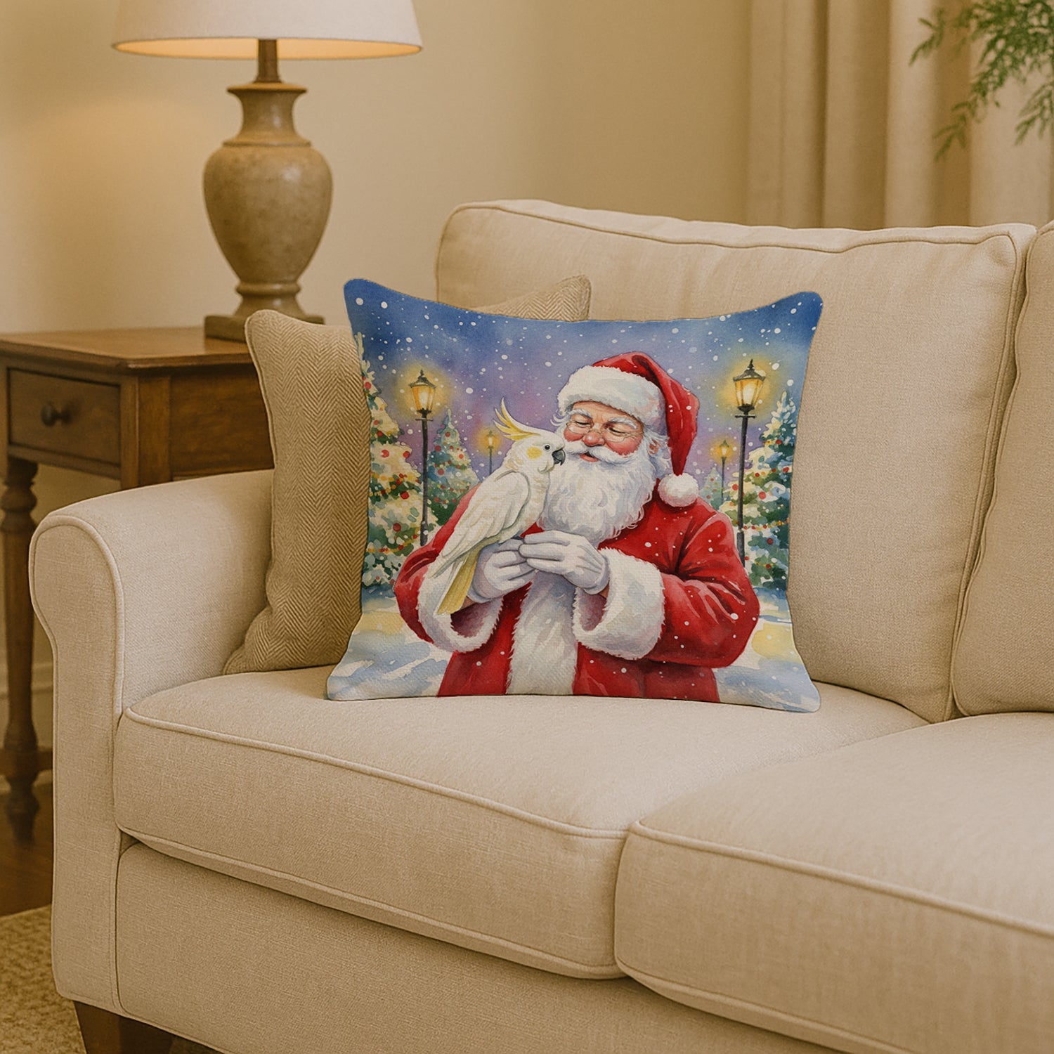 Umbrella Cockatoo with Santa Claus Decorative Throw Pillow 14x14 Indoor Outdoor Accent Cushion, Fabric Cover with Insert for Sofa, Bed, Porch & Living Room