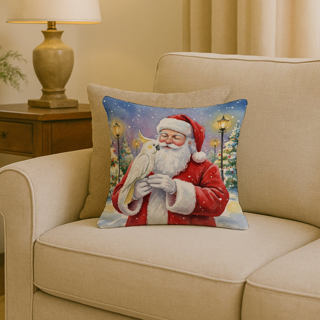 Umbrella Cockatoo with Santa Claus Decorative Throw Pillow 18x18 Indoor Outdoor Accent Cushion, Fabric Cover with Insert for Sofa, Bed, Porch & Living Room