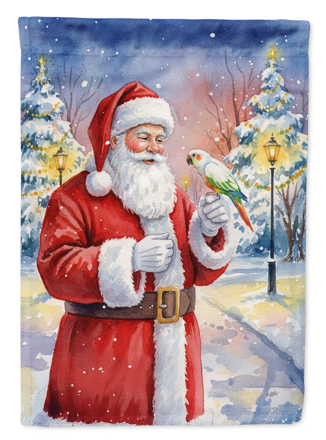 White Bellied Caique with Santa Claus House Flag 28x40 Porch Sleeve Pole Decorative Outside Yard Banner Artwork Wall Hanging, Polyester