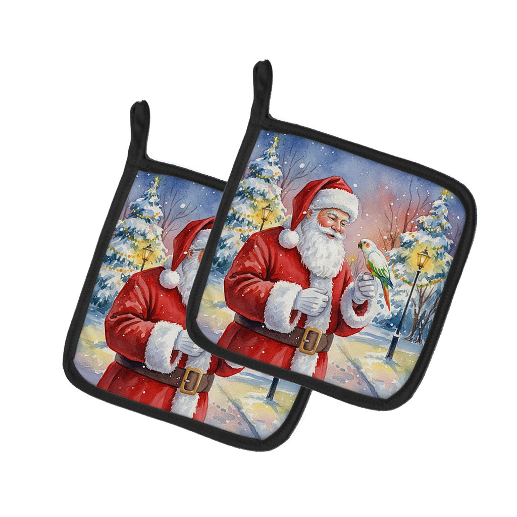 White Bellied Caique with Santa Claus Pot Holder Set of 2 Heat Resistant Quilted Hot Pads 7.5 x 7.5 Inch, Insulated Kitchen Trivets for Cooking & Baking
