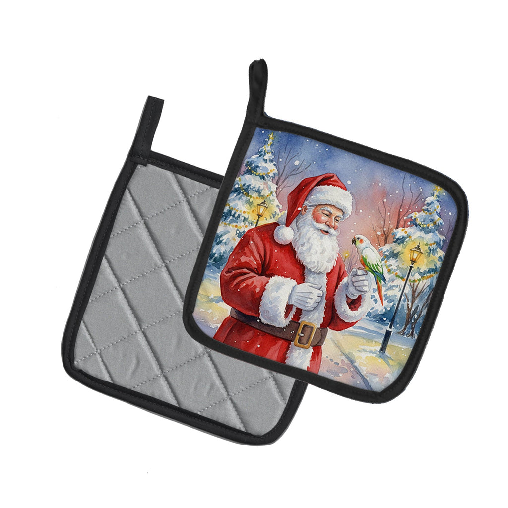 White Bellied Caique with Santa Claus Pot Holder Set of 2 Heat Resistant Quilted Hot Pads 7.5 x 7.5 Inch, Insulated Kitchen Trivets for Cooking & Baking