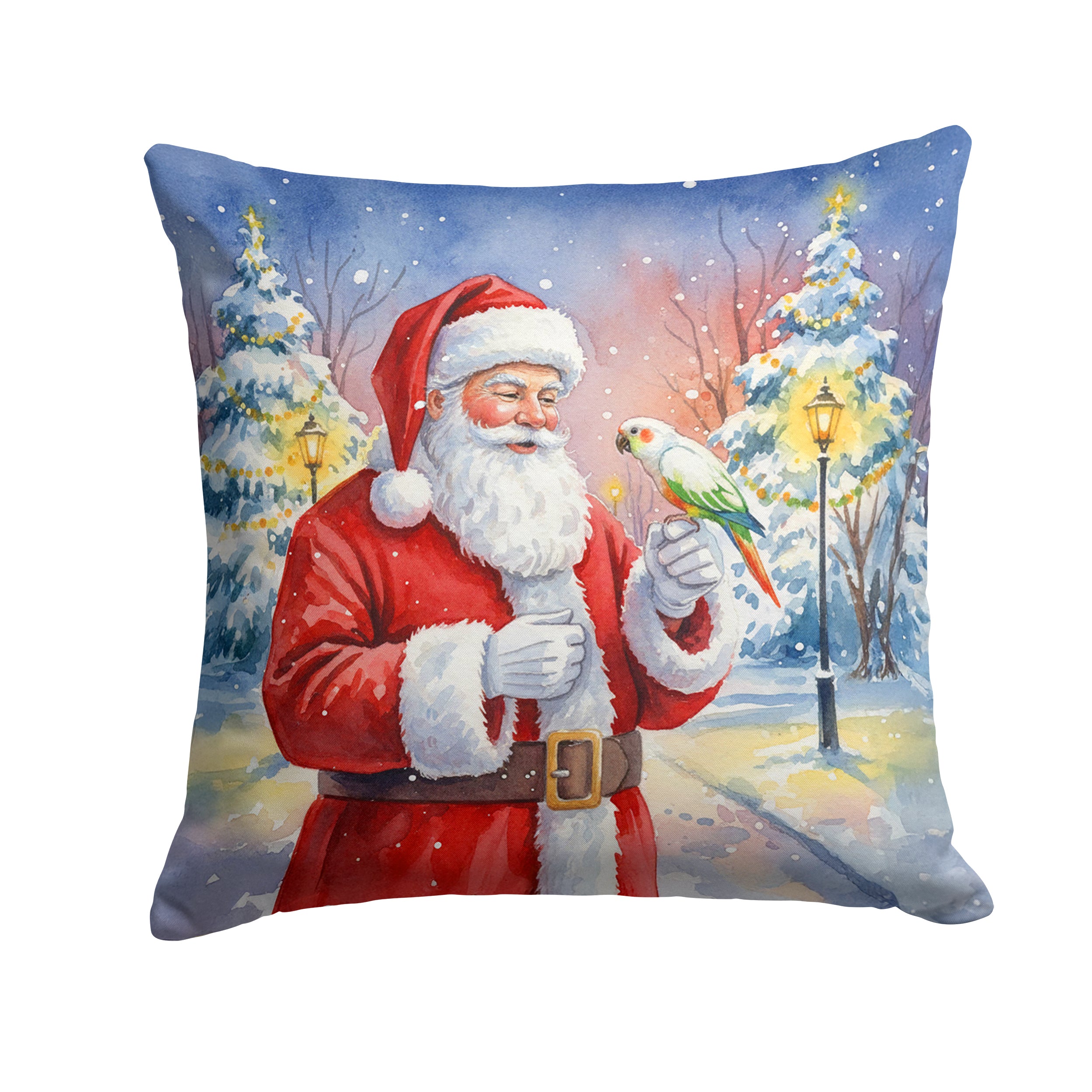 White Bellied Caique with Santa Claus Decorative Throw Pillow 18x18 Indoor Outdoor Accent Cushion, Fabric Cover with Insert for Sofa, Bed, Porch & Living Room