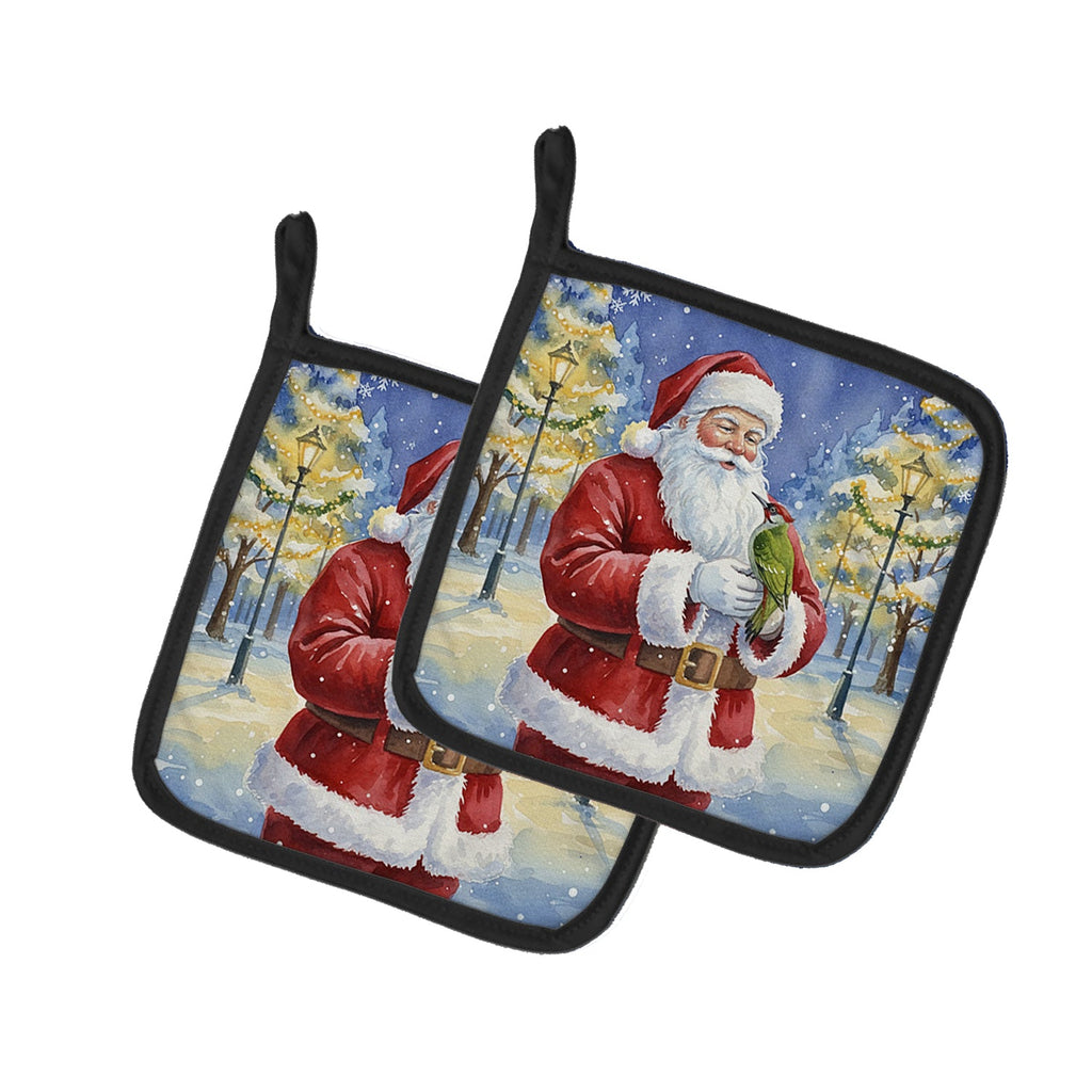 Woodpecker with Santa Claus Pot Holder Set of 2 Heat Resistant Quilted Hot Pads 7.5 x 7.5 Inch, Insulated Kitchen Trivets for Cooking & Baking