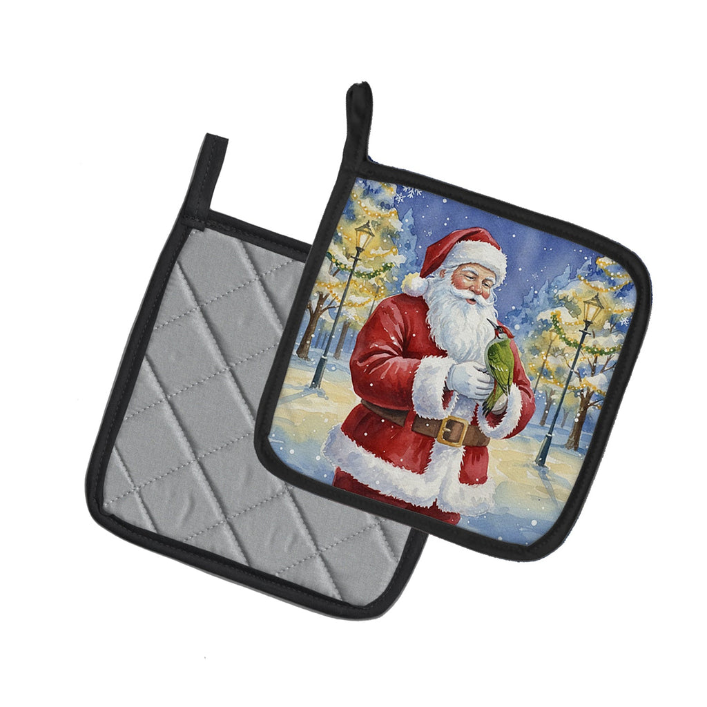Woodpecker with Santa Claus Pot Holder Set of 2 Heat Resistant Quilted Hot Pads 7.5 x 7.5 Inch, Insulated Kitchen Trivets for Cooking & Baking