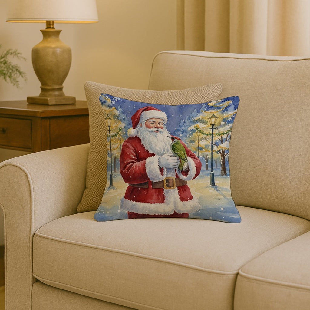 Woodpecker with Santa Claus Decorative Throw Pillow 18x18 Indoor Outdoor Accent Cushion, Fabric Cover with Insert for Sofa, Bed, Porch & Living Room