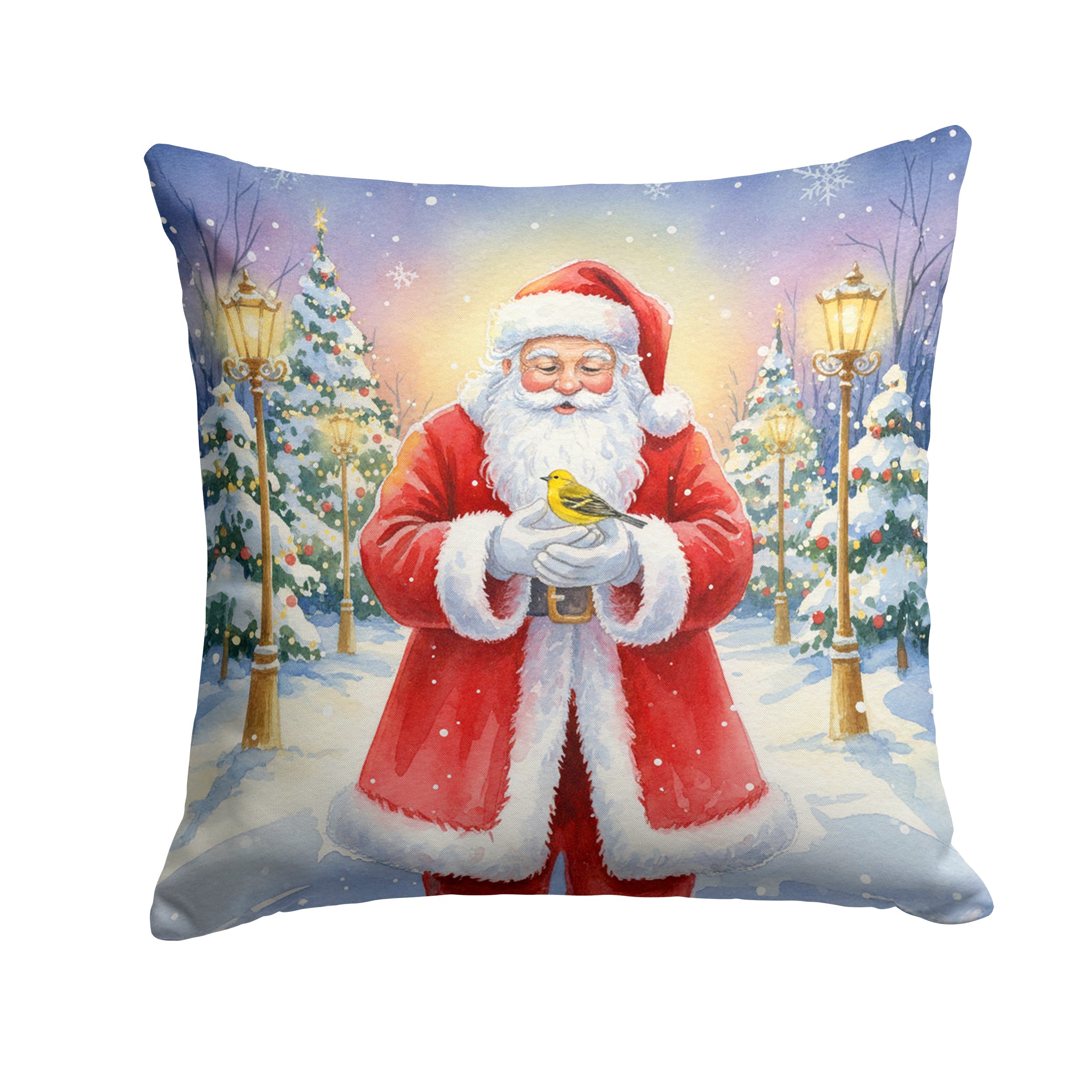 Yellowhammer with Santa Claus Decorative Throw Pillow 14x14 Indoor Outdoor Accent Cushion, Fabric Cover with Insert for Sofa, Bed, Porch & Living Room