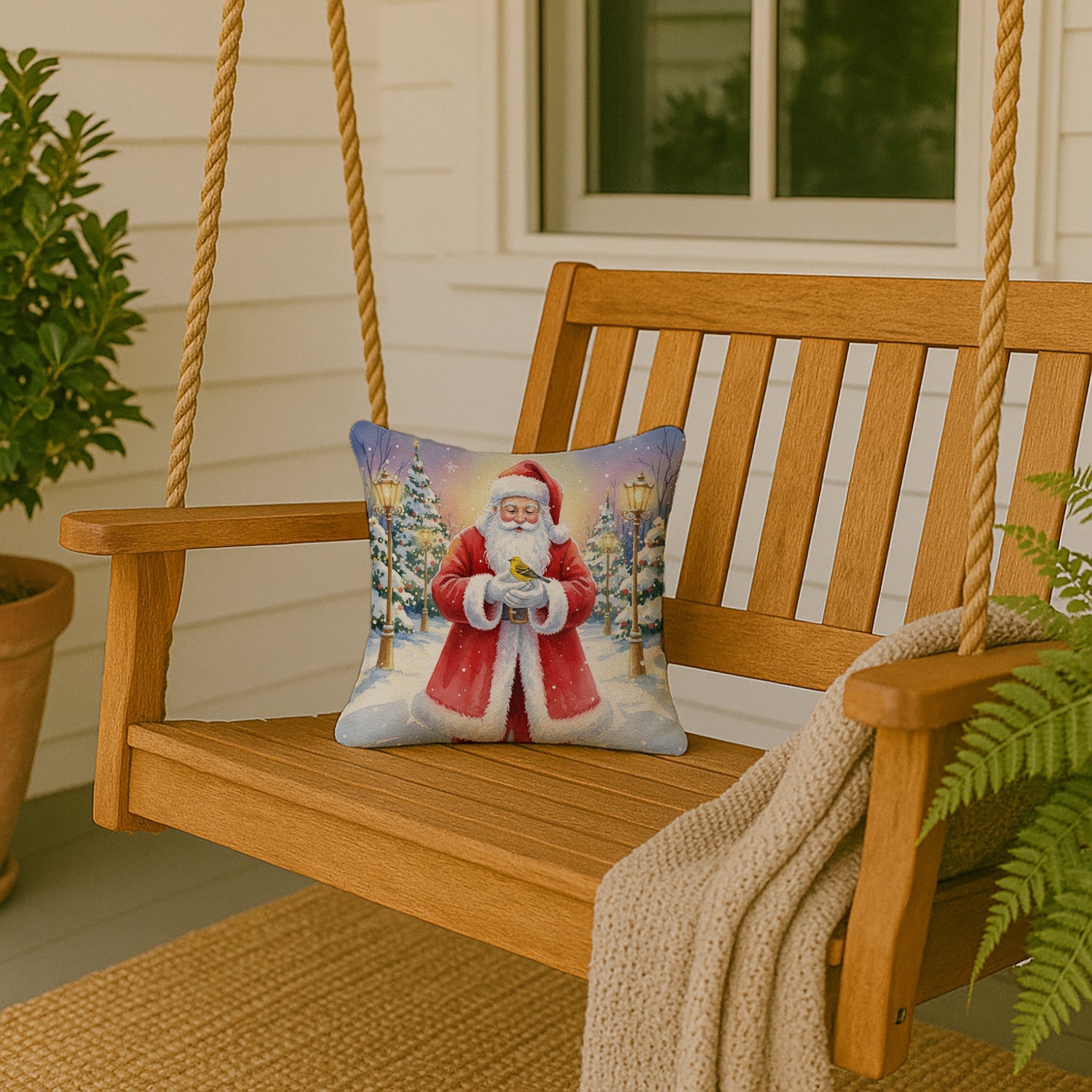 Yellowhammer with Santa Claus Decorative Throw Pillow 14x14 Indoor Outdoor Accent Cushion, Fabric Cover with Insert for Sofa, Bed, Porch & Living Room