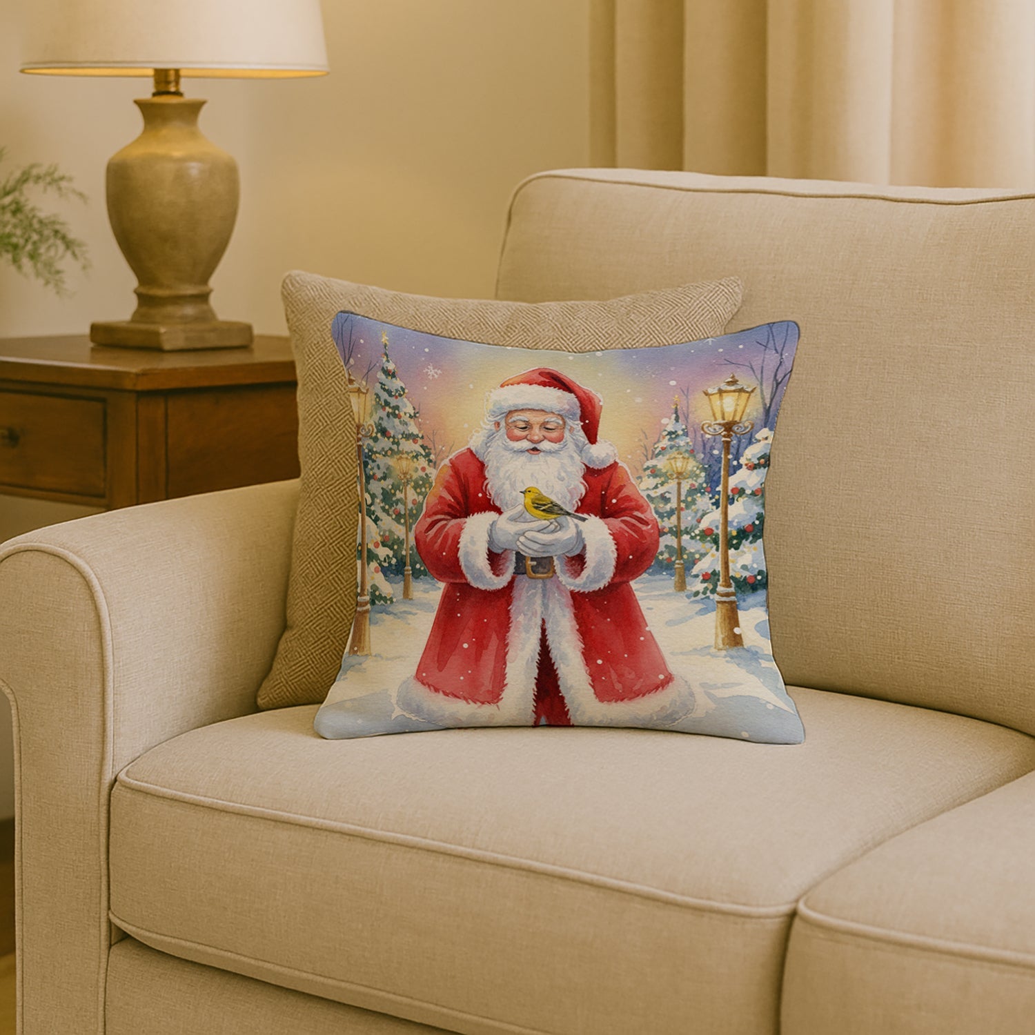 Yellowhammer with Santa Claus Decorative Throw Pillow 18x18 Indoor Outdoor Accent Cushion, Fabric Cover with Insert for Sofa, Bed, Porch & Living Room