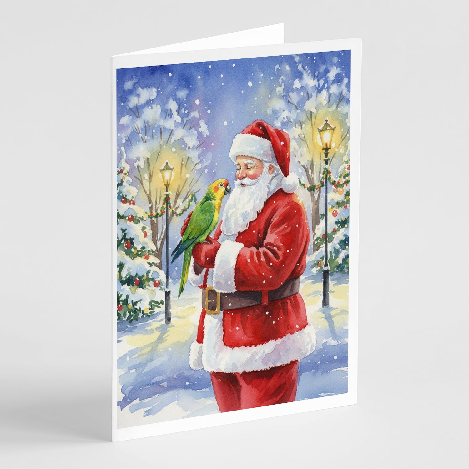 Yellow Naped Amazon with Santa Claus Greeting Cards Pack of 8 Blank Cards with Envelopes Whimsical A7 Size 5x7