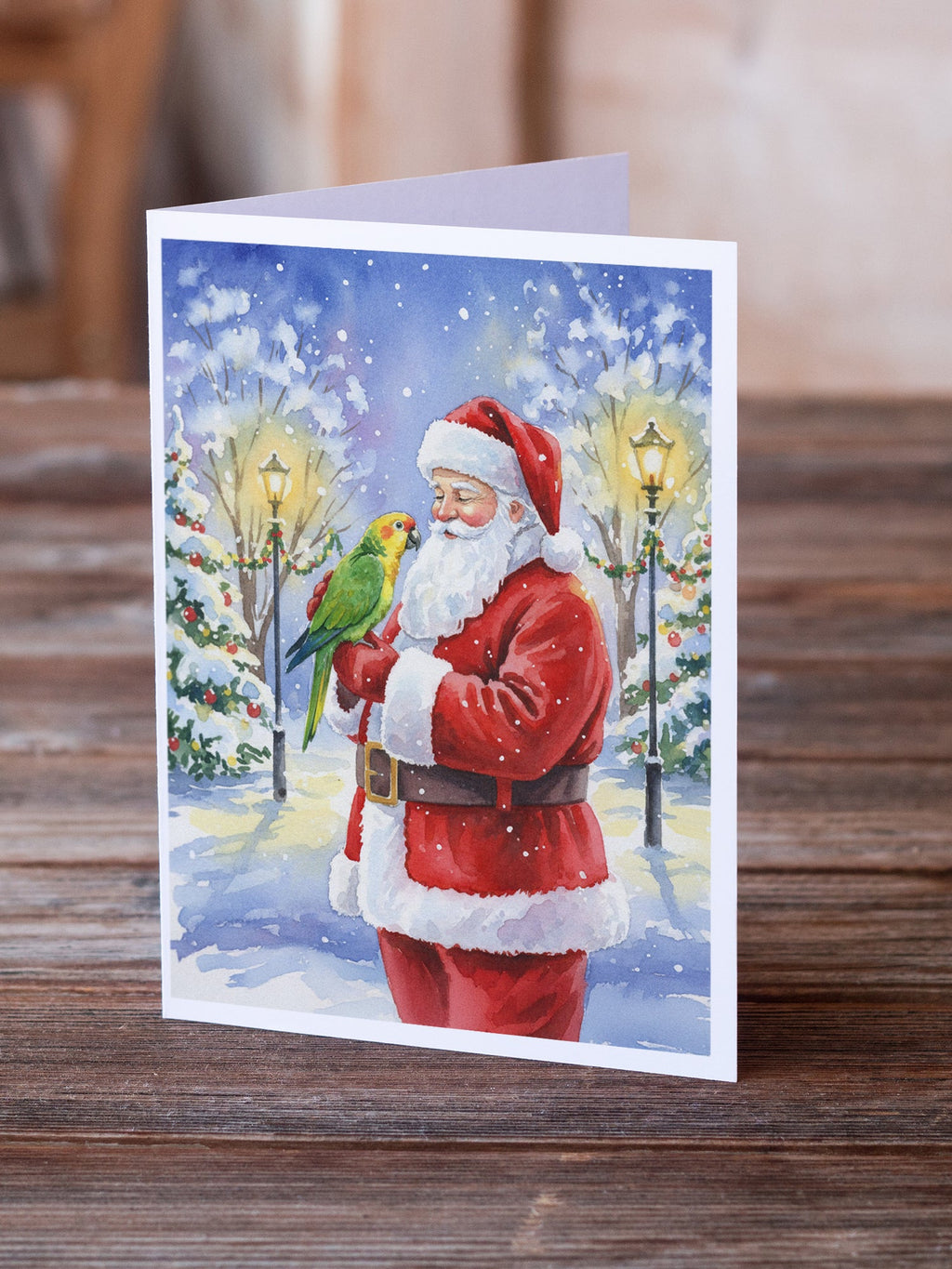 Yellow Naped Amazon with Santa Claus Greeting Cards Pack of 8 Blank Cards with Envelopes Whimsical A7 Size 5x7