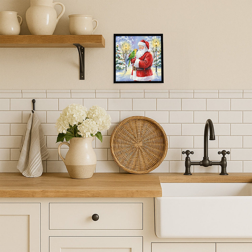 Yellow Naped Amazon with Santa Claus Framed Metal Print Bathroom, Kitchen, Office, Home Decor Wall Art Ready to Hang, Square, 8X8