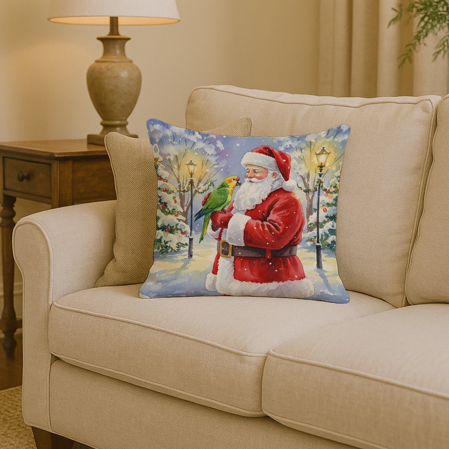 Yellow Naped Amazon with Santa Claus Decorative Throw Pillow 14x14 Indoor Outdoor Accent Cushion, Fabric Cover with Insert for Sofa, Bed, Porch & Living Room