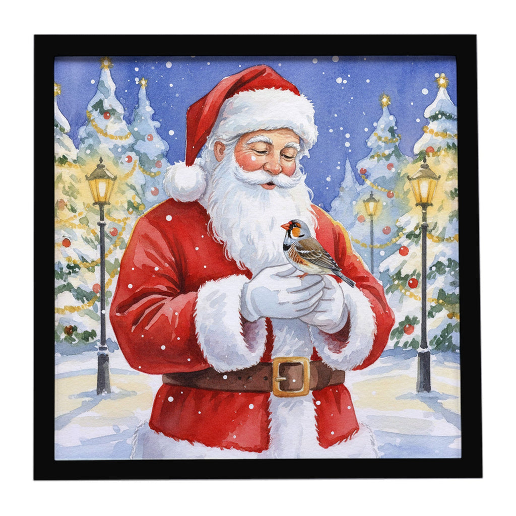 Zebra Finch with Santa Claus Framed Metal Print Bathroom, Kitchen, Office, Home Decor Wall Art Ready to Hang, Square, 8X8
