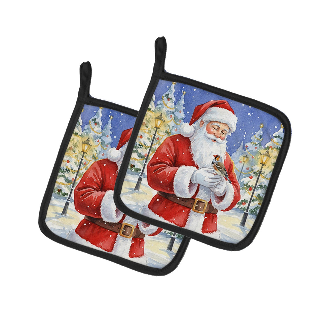 Zebra Finch with Santa Claus Pot Holder Set of 2 Heat Resistant Quilted Hot Pads 7.5 x 7.5 Inch, Insulated Kitchen Trivets for Cooking & Baking
