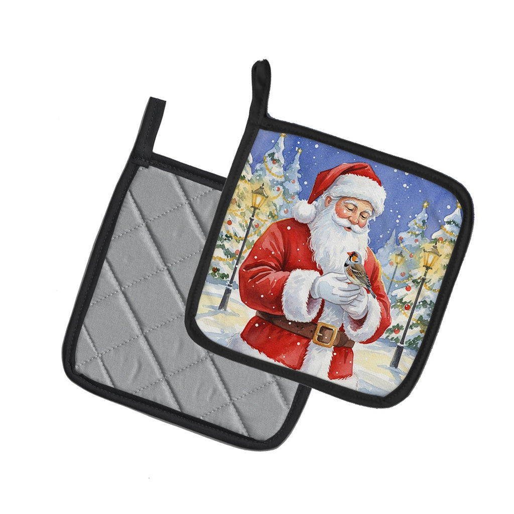 Zebra Finch with Santa Claus Pot Holder Set of 2 Heat Resistant Quilted Hot Pads 7.5 x 7.5 Inch, Insulated Kitchen Trivets for Cooking & Baking