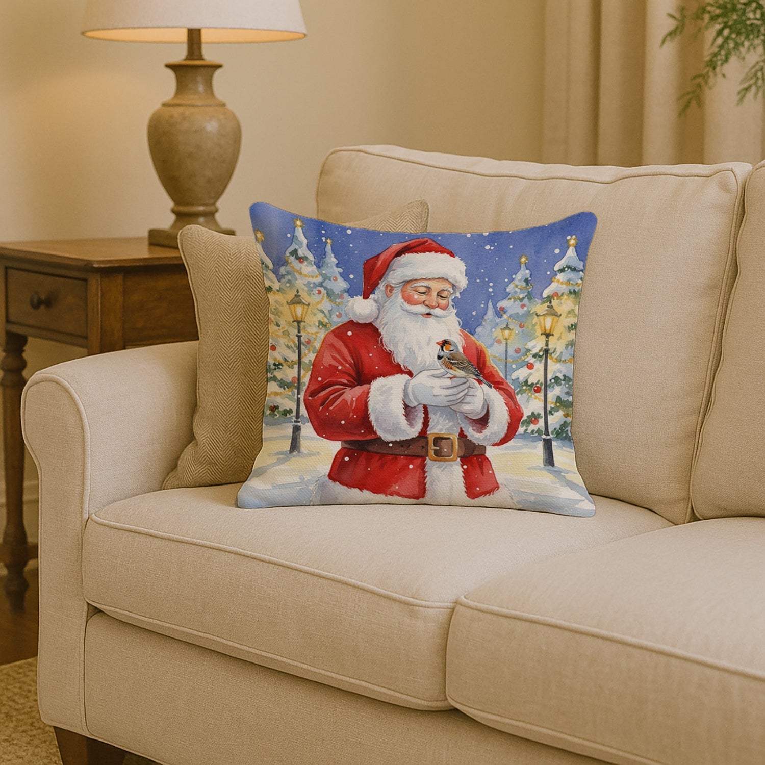 Zebra Finch with Santa Claus Decorative Throw Pillow 14x14 Indoor Outdoor Accent Cushion, Fabric Cover with Insert for Sofa, Bed, Porch & Living Room