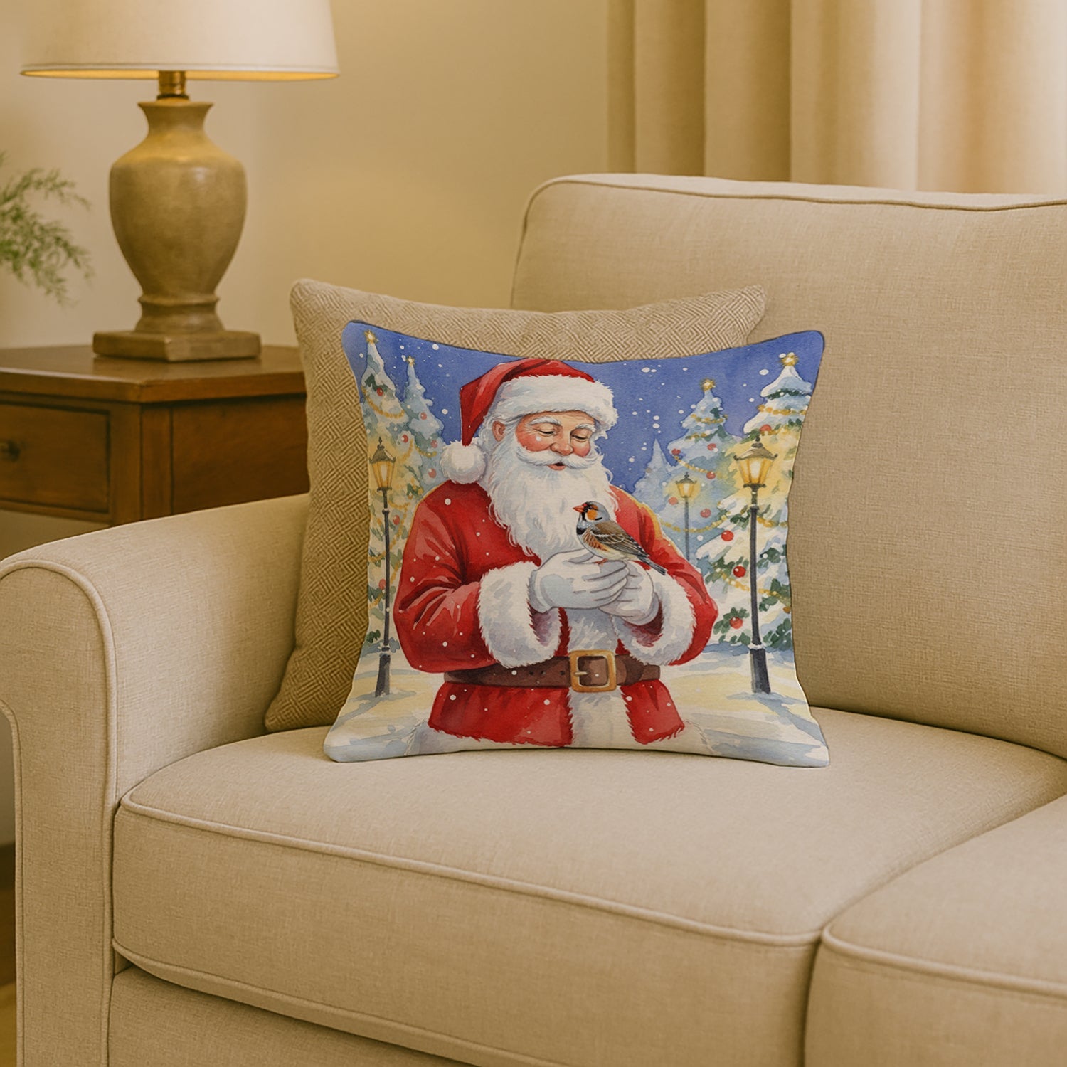Zebra Finch with Santa Claus Decorative Throw Pillow 18x18 Indoor Outdoor Accent Cushion, Fabric Cover with Insert for Sofa, Bed, Porch & Living Room
