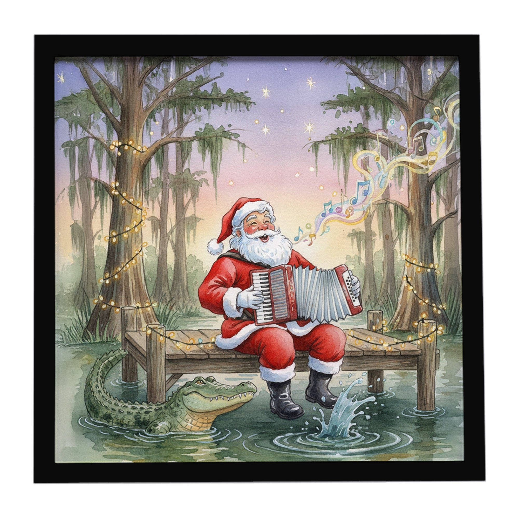 Cajun Santa Claus and the Accordion Gator Christmas Framed Metal Print Bathroom, Kitchen, Office, Home Decor Wall Art Ready to Hang, Square, 8X8