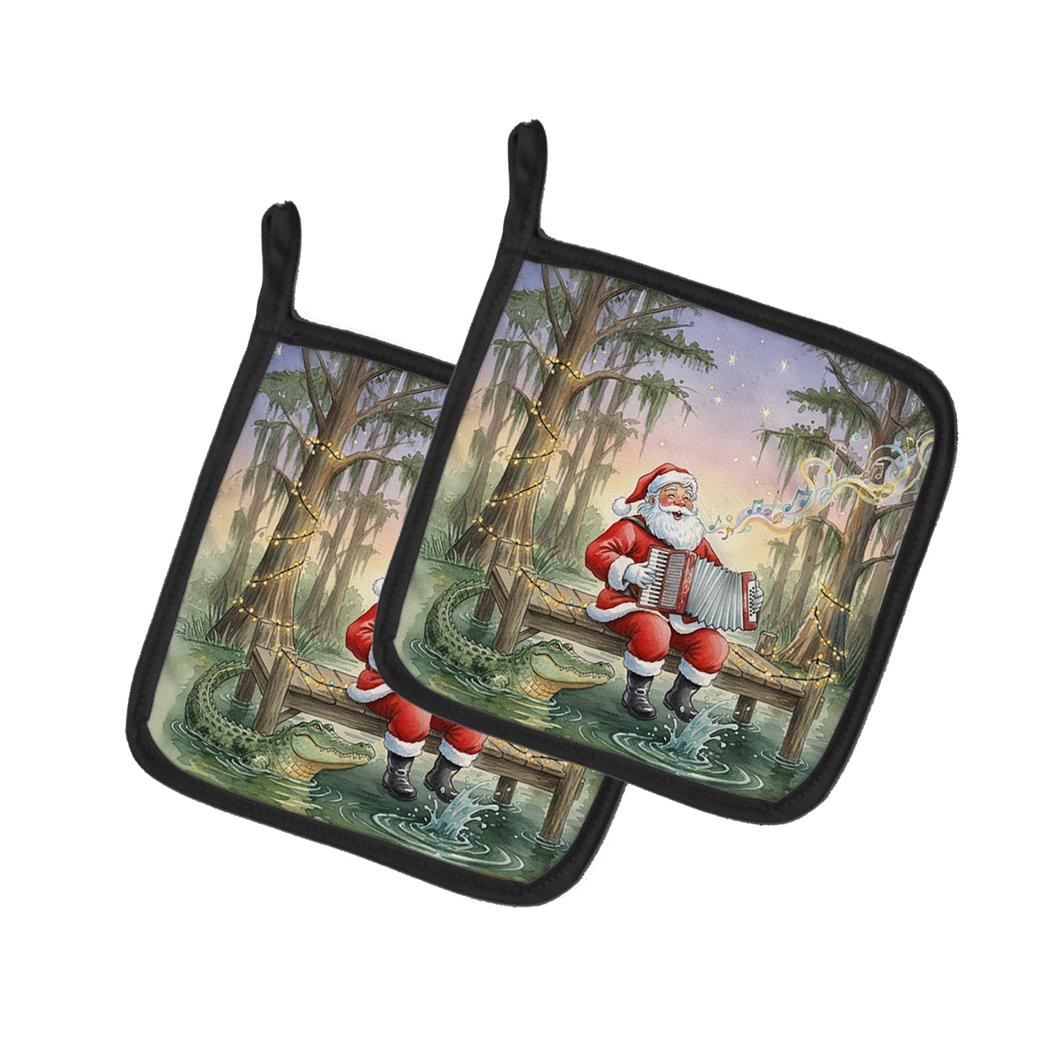 Cajun Santa Claus and the Accordion Gator Christmas Pot Holder Set of 2 Heat Resistant Quilted Hot Pads 7.5 x 7.5 Inch, Insulated Kitchen Trivets for Cooking & Baking