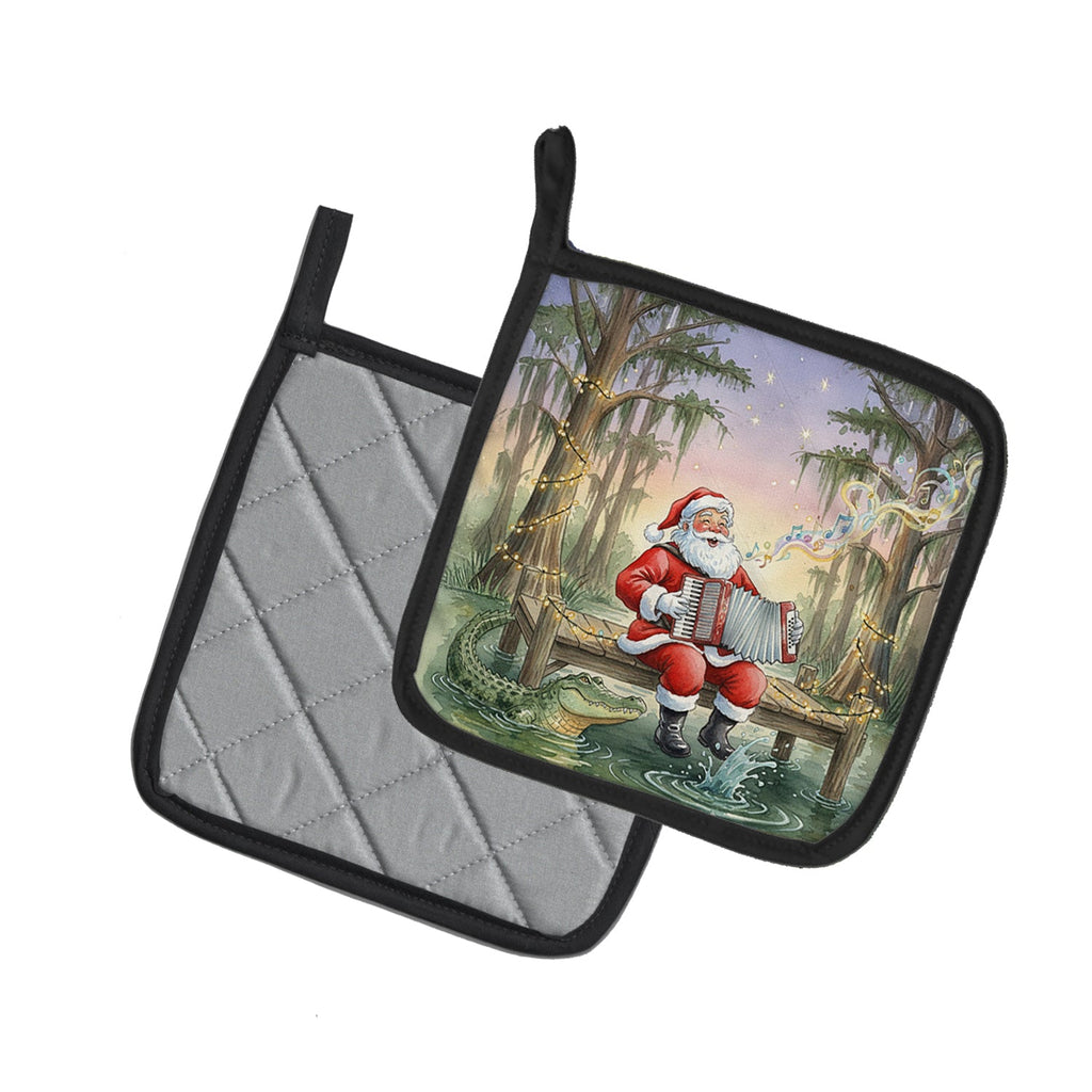 Cajun Santa Claus and the Accordion Gator Christmas Pot Holder Set of 2 Heat Resistant Quilted Hot Pads 7.5 x 7.5 Inch, Insulated Kitchen Trivets for Cooking & Baking