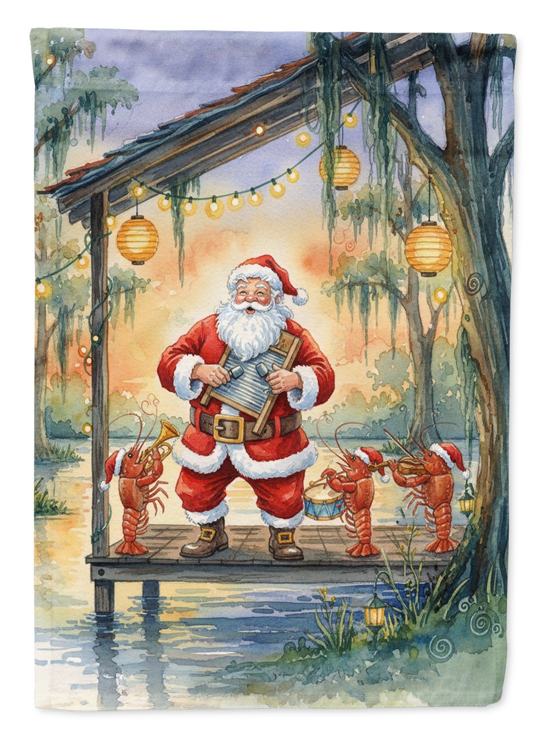 Cajun Santa Claus and the Crawfish Band Christmas House Flag 28x40 Porch Sleeve Pole Decorative Outside Yard Banner Artwork Wall Hanging, Polyester