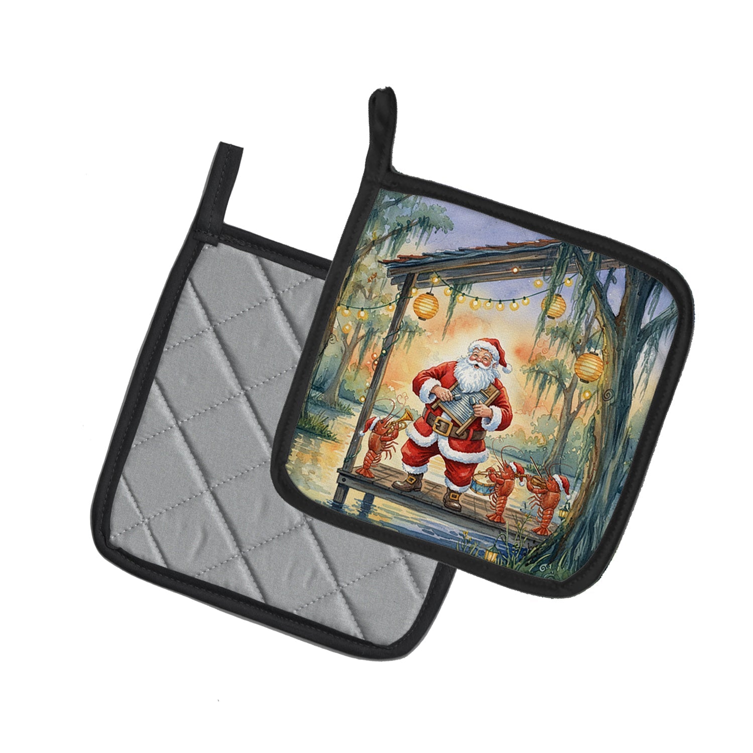 Cajun Santa Claus and the Crawfish Band Christmas Pot Holder Set of 2 Heat Resistant Quilted Hot Pads 7.5 x 7.5 Inch, Insulated Kitchen Trivets for Cooking & Baking