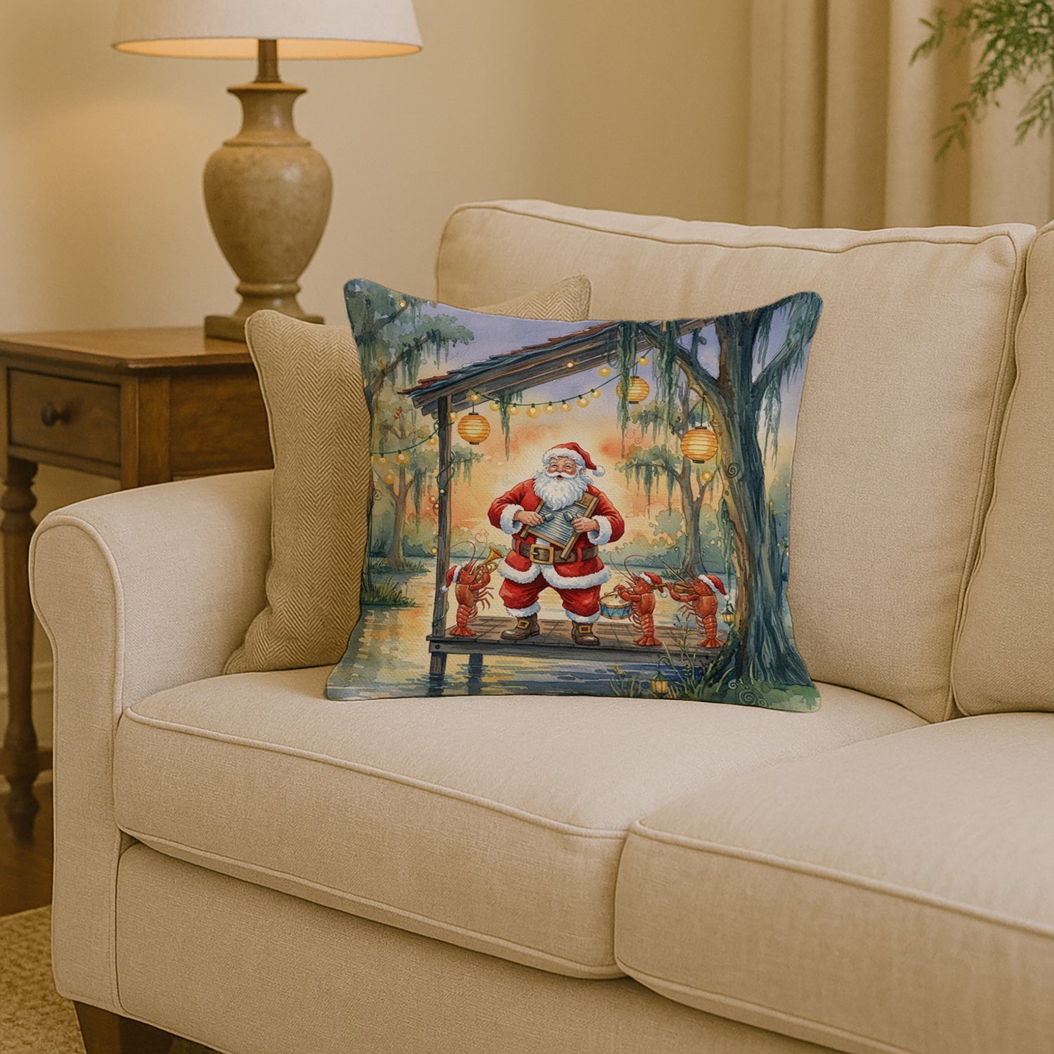 Cajun Santa Claus and the Crawfish Band Christmas Decorative Throw Pillow 14x14 Indoor Outdoor Accent Cushion, Fabric Cover with Insert for Sofa, Bed, Porch & Living Room