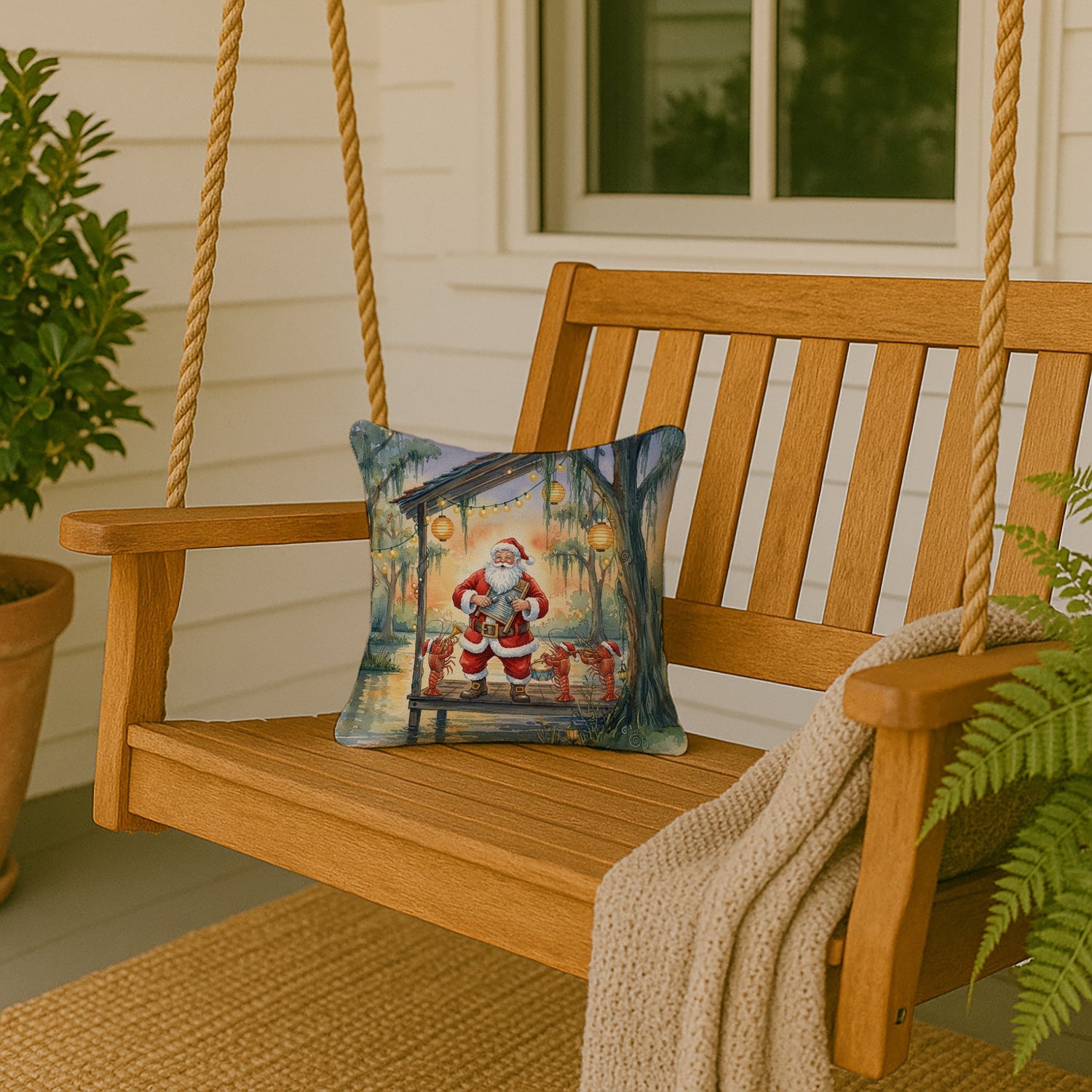 Cajun Santa Claus and the Crawfish Band Christmas Decorative Throw Pillow 14x14 Indoor Outdoor Accent Cushion, Fabric Cover with Insert for Sofa, Bed, Porch & Living Room